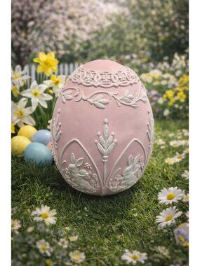 New Large Resin Pink / White Cameo Etched Easter Egg Engraved Bunny Rabbit